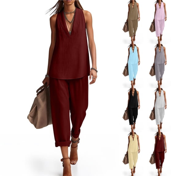 Favoffer Women Sleeveless V Neck Sets Solid Color Casual Outfit Loose Fitted Long Pants Combo with Functional Pockets for Daily