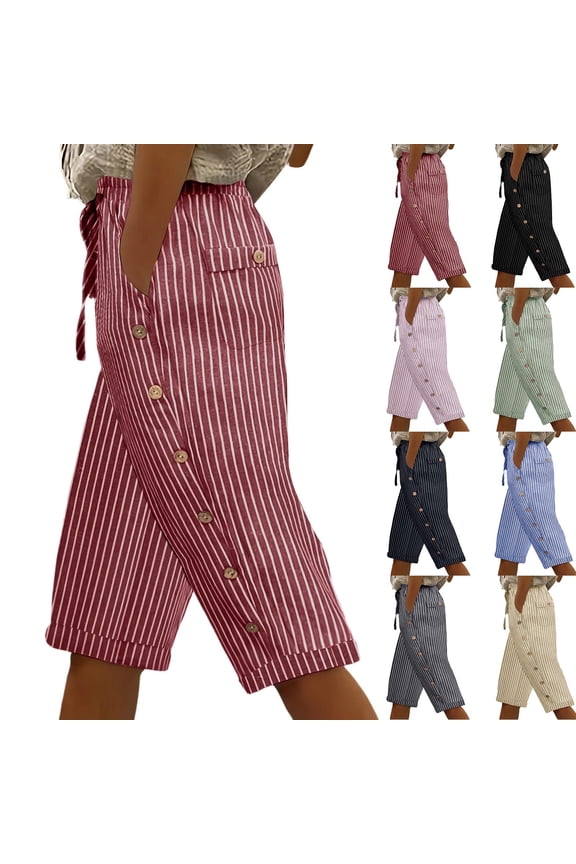 Women Striped Cropped Capris Solid Color Combined Pattern Functional Side Pockets Elastic Waist Support Lightweight Relaxed Pants for Summer Daily Daily