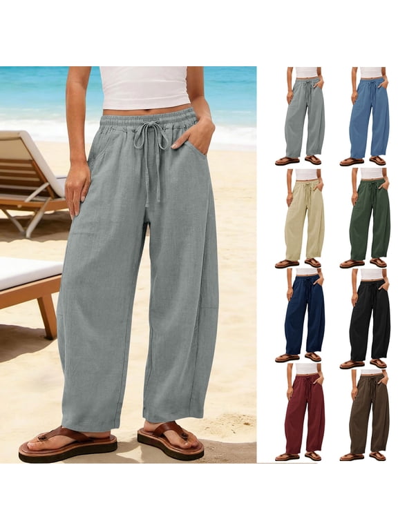 Women Striped Wide Leg Pants Elastic Waist Loose Fit Cotton Linen Breathable Weave Casual Full Length Pants with Storage Pockets for Casual