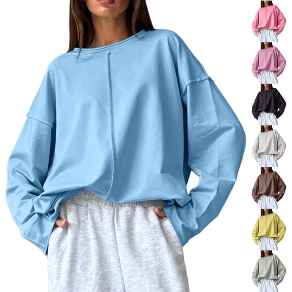 Favoffer Women Summer Round Neck Long Sleeve Pullover Top Loose Fit Casual Blouse Lightweight Daily Shirt Soft Knit Everyday Tunic Ladies Basic Long Sleeve Layering Tee