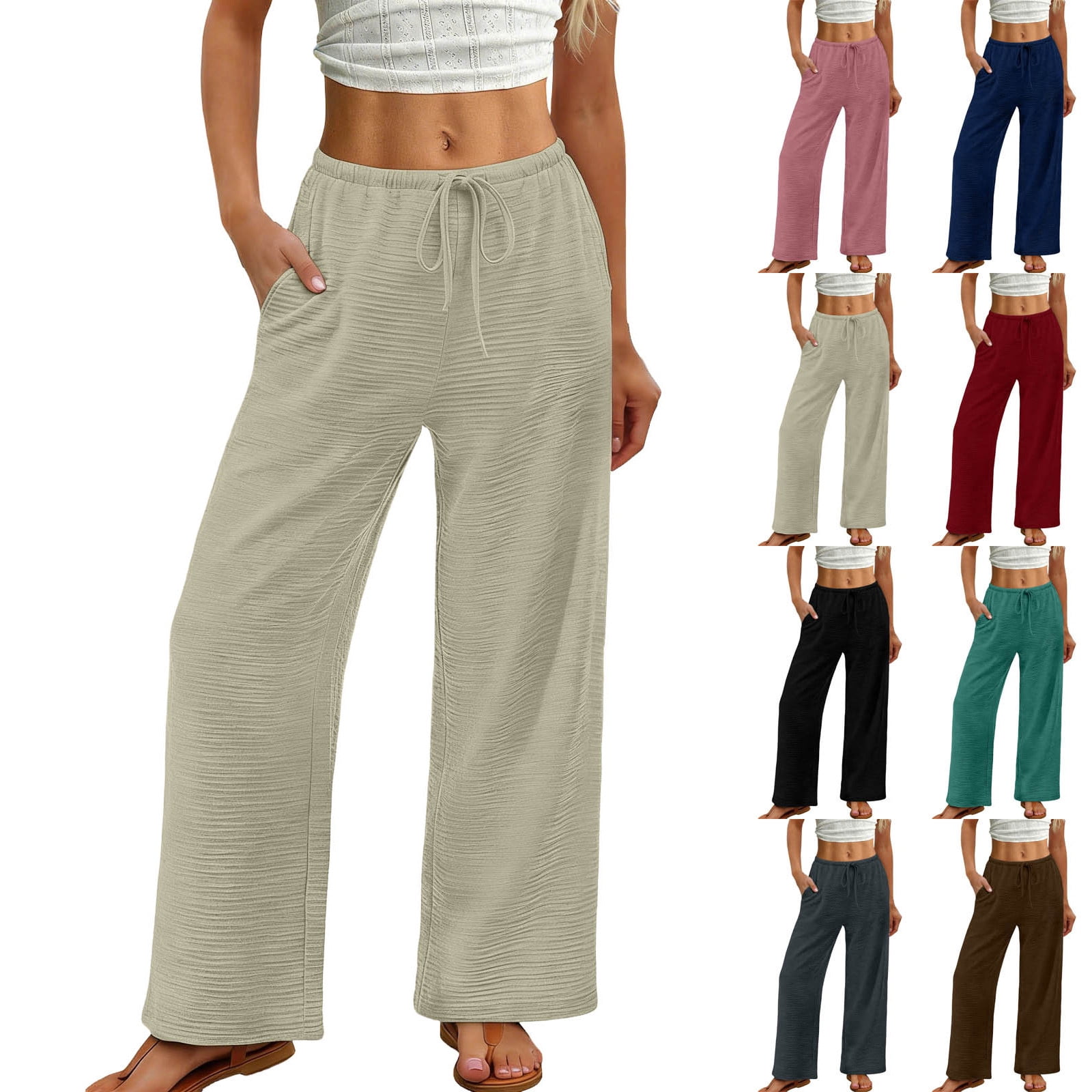 Favoffer Women Wide Leg Casual Pants Elastic Waist Relaxed Lightweight ...