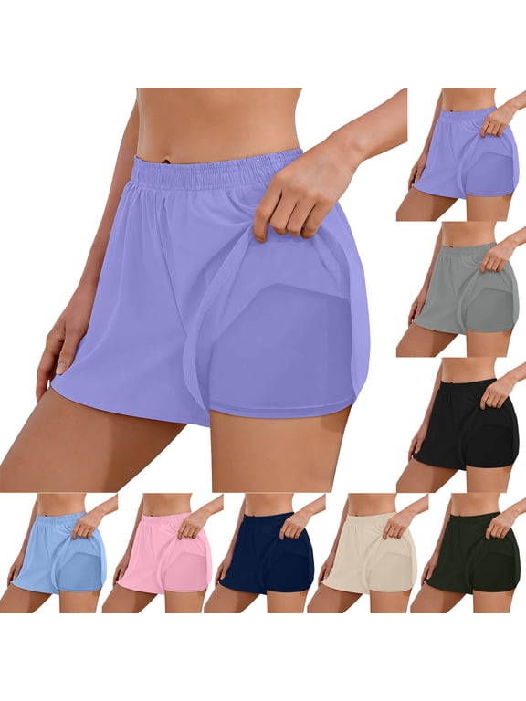 Women Yoga Running Workout Shorts High Waist Double Layer Stretchy Tight Bottoms Breathable Elastic Active Shorts with Side Pockets for Cycling Fitness