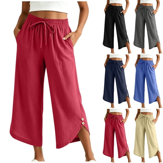 Favoffer Women's 3/4 Length Capri Pants Elastic Drawstring Waist Side Button Solid Color Casual Trousers Summer Relaxed Bottom for Daily Errands Travel