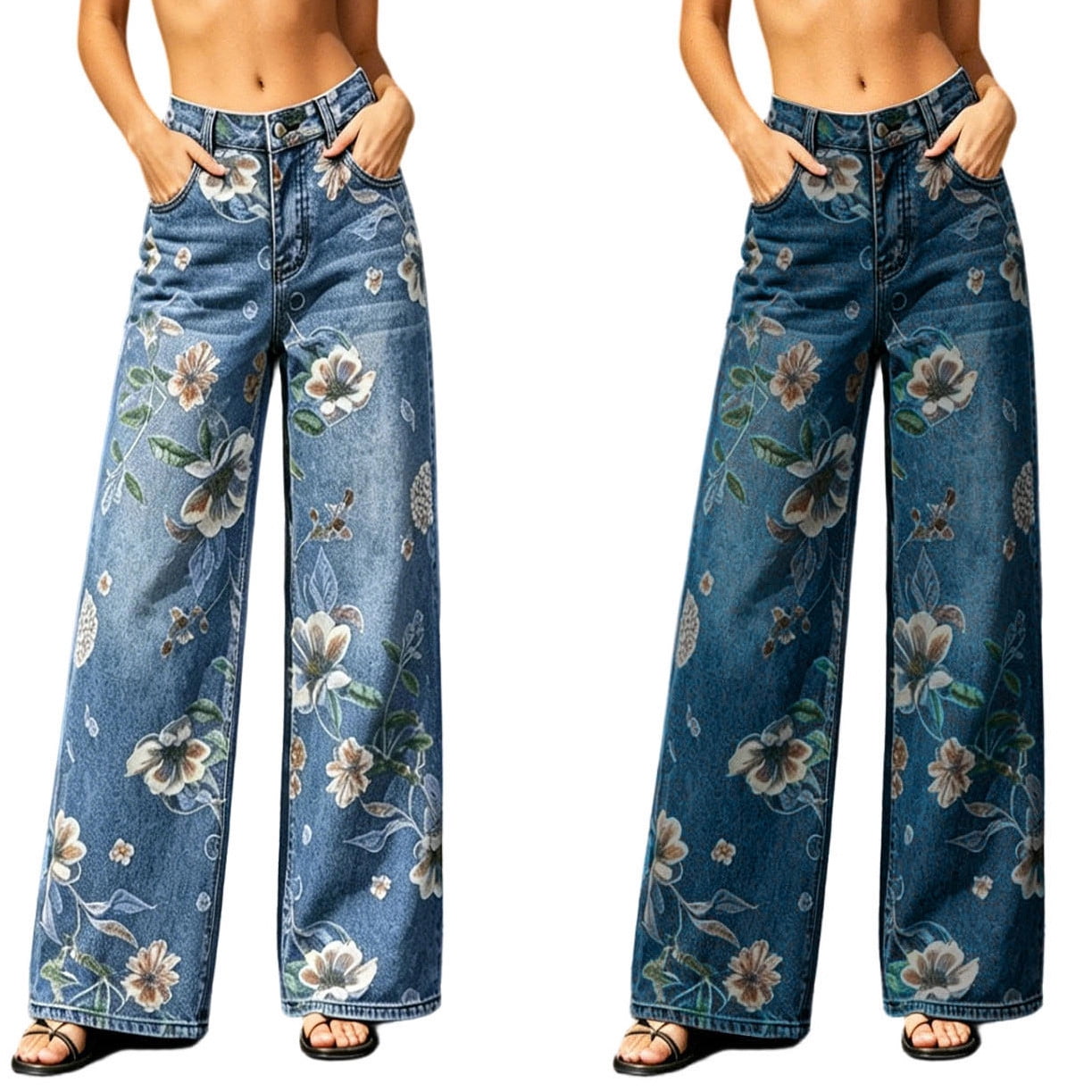 Favoffer Women's Denim Full‑length Jeans High Waist Floral Print