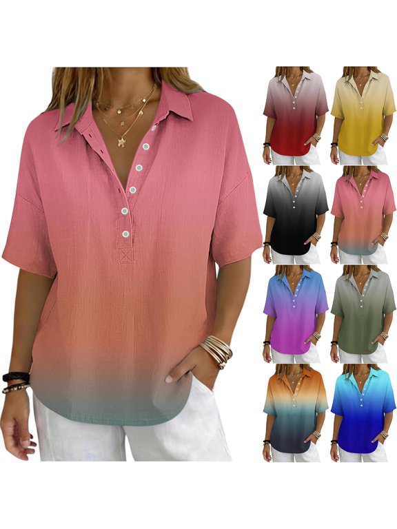 Women's Linen Blouse Turtleneck Short Sleeve Solid Color Button Snap V Neck Daily Office Streetwear Fashion Casual Shirt