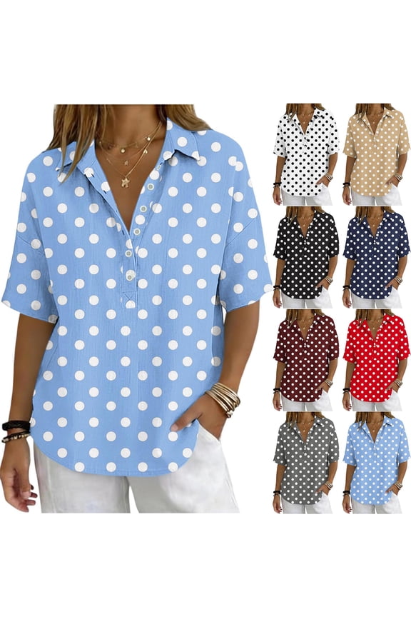 Women's Trendy Tee Turtleneck Short Sleeve Polka Dot Printed Button Snap V Neck Daily Office Streetwear Fashion Casual Blouse