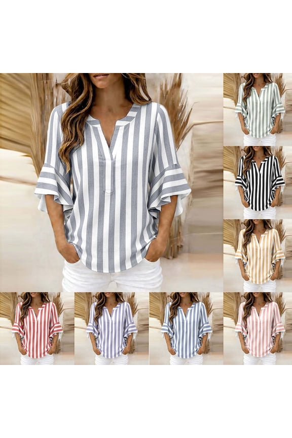 Women's Faux Linen Blend Top V Neck 3/4 Sleeve Striped Ruffle Cuff Loose Fit Casual Lightweight Breathable Daily Blouse