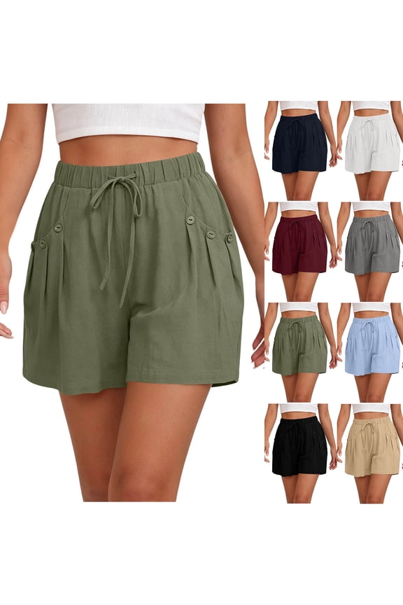 Women's Faux Linen Shorts Washed Wrinkle Solid Color Drawstring Elastic Waist Button Decor Pocket Casual Summer Short Pants for Beach Vacation