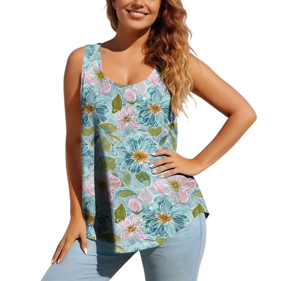 Favoffer Women Floral Tank Top Sleeveless Square Neck Flowy Loose Going Out Tops Summer Blouses Beach Party Vacation Daily Wear