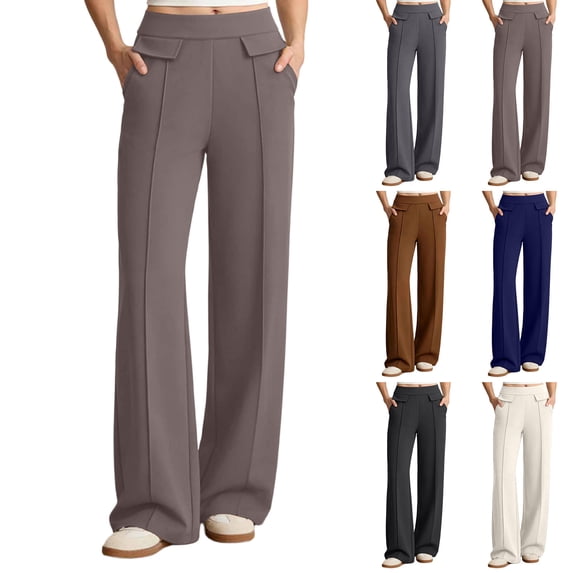 Favoffer Women's High Waist Wide Leg Pants Solid Color Elastic Waist Draped Straight Leg Loose Casual Trousers Daily Flowy Bottom for Street Gathering
