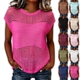 thumbnail image 1 of Favoffer Women's Hollow Out Knitted Sweater Round Neck Short Sleeve Mesh Hole Breathable Pullover Loose Casual Daily Summer Top, 1 of 5