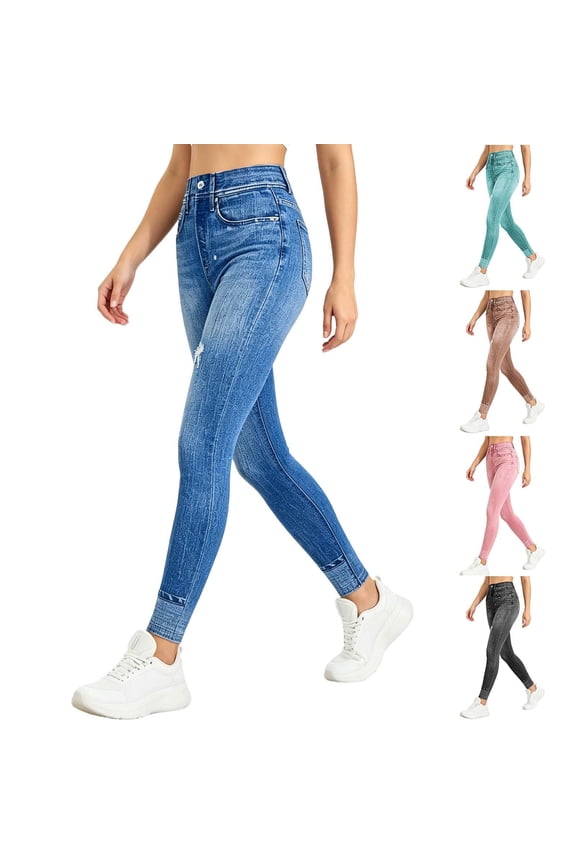 Women's Imitation Denim Yoga Pants High Waist Tight Fit Hip Lifting Tummy Control Stretch Casual Trousers Outdoor Fitness Activewear