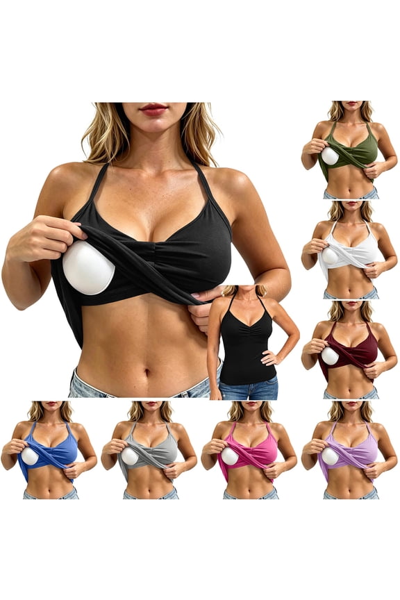Women's Inner Camisoles V Neck Adjustable Halter Built In Bra Backless Lounge Tanks Slim Tops Beach Sleep Vacation Daily Wear