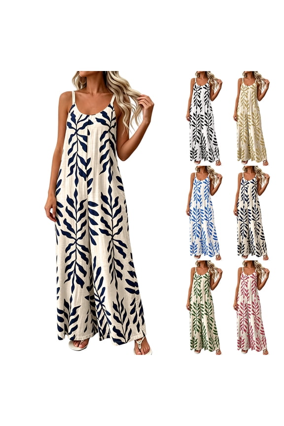 Women's Leaf Print Jumpsuit Backless Strap Wide Leg Casual Jumpsuit Loose Vacation Outfit for Beach Resort Holiday Travel