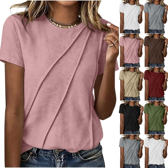 Favoffer Women's Linen Blend Tunic Blouses Short Sleeve Round Neck Loose Fit Tops for Work Daily Wear