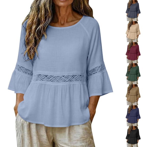 Favoffer Women's Linen Blouses 3/4 Sleeve Round Neck Lace Detail Ruffle Hem Solid Color Loose Fit Breathable Summer Tops for Outdoor Street Vacation Commute