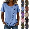 thumbnail image 1 of Favoffer Women's Linen Blouses Short Sleeve Round Neck Asymmetrical Button Solid Color Loose Fit Casual Summer Tops for Vacation Street Beach, 1 of 8