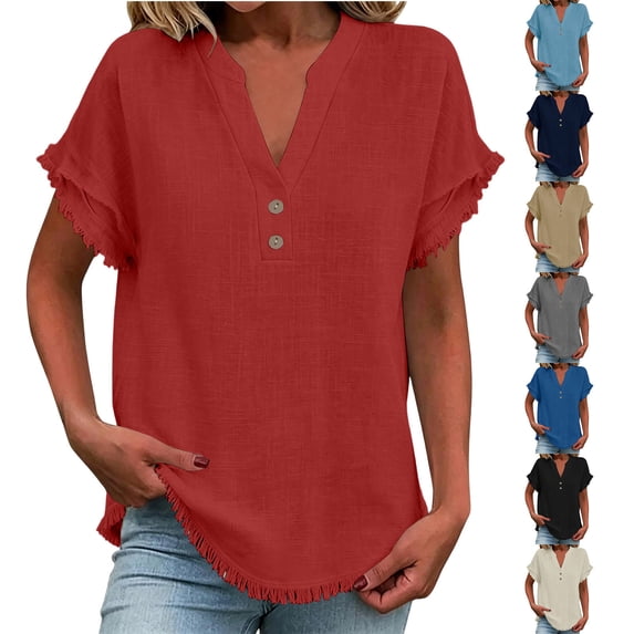 Favoffer Women's Linen Blouses V Neck Short Sleeve Tassel Button Casual Tops Lightweight Summer Shirts for Vacation Beach Daily