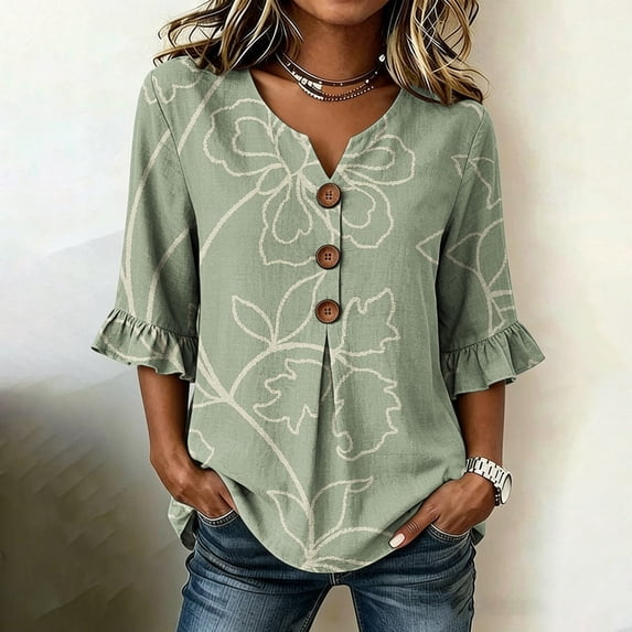 Favoffer Women's Linen Button Down Shirts Floral Graphic Short Sleeve V Neck Loose Fit Casual Summer Blouses for Office Work Weekend Outdoor