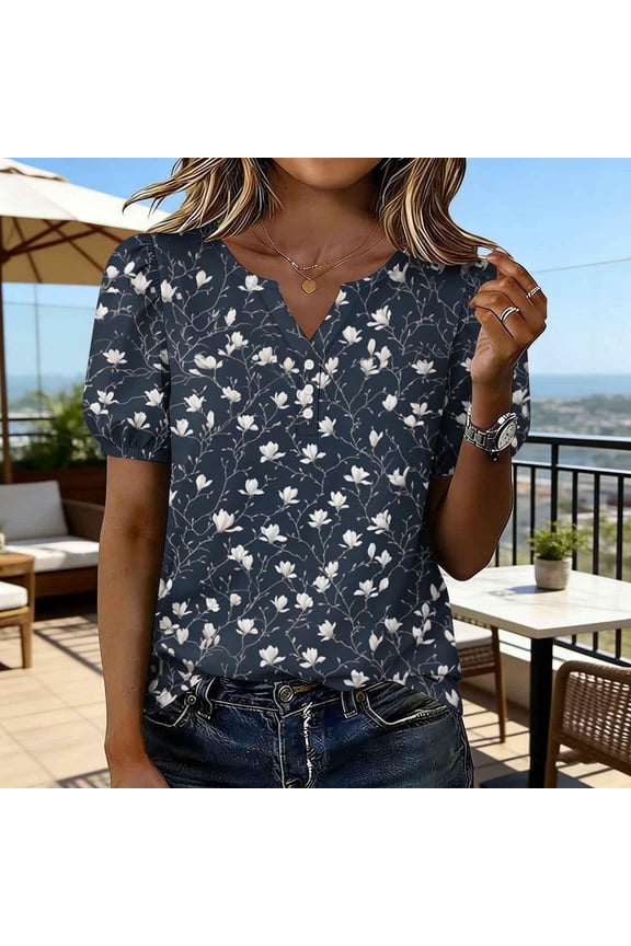 Women's Linen Button Down Tops V Neck Short Sleeve Loose Fit Casual Blouses Lightweight Shirts for Brunch Errands Beach Vacation Daily