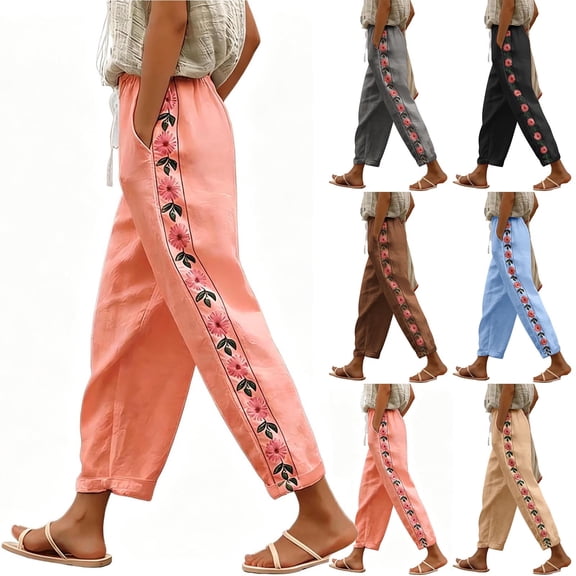 Favoffer Women's Linen Pants Drawstring Embroidered Casual with Pockets Casual Pants Wide Leg Pants for Office Home Travel Lounging