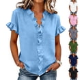 thumbnail image 1 of Favoffer Women's Linen Tops Short Sleeve V Neck Ruffle Trim Solid Color Loose Fit Breathable Casual Spring Summer Tops for Beach Street Vacation Outdoor, 1 of 7