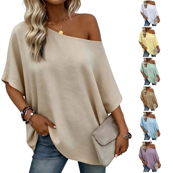 Favoffer Women's Off Shoulder Short Sleeve Blouses Linen Blend Loose Casual Tops for Summer Beach Vacation Office Daily