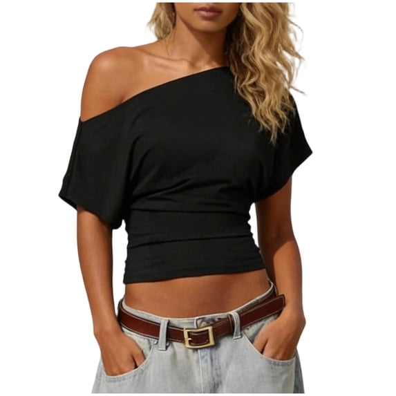 Favoffer Women Casual Tops Short Sleeve Off Shoulder Fitted Solid Slim Blouses Street Dating Daily Vacation