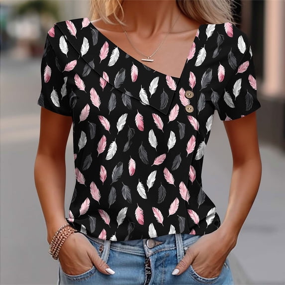 Favoffer Women's Printed Shirt Loose Tunic Short Sleeve Button Casual Daily Spring Summer Blouse