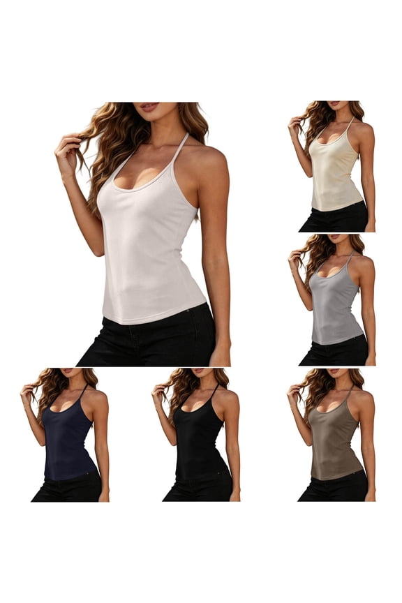 Women's Ribbed Knit Camisole Crew Neck Halter Strap Sleeveless Form Fitted Stretch Daily Inner Wear Casual Top