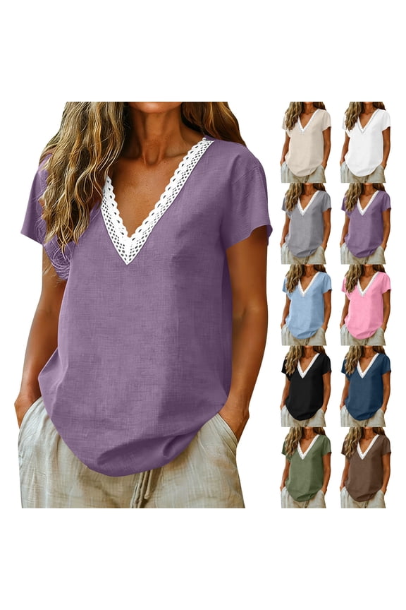 Women's Solid Color Linen Blend Tunic Top Lace Trim V Neck Short Sleeve Loose Fit Blouse Soft Lightweight Breathable Shirt for Daily Casual Outdoor Street Style