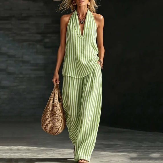 Favoffer Women's Striped 2 Piece Outfit Backless Top Linen Blend Wide Leg Pants Loose Casual Summer Matching Set for Beach Vacation Outdoor