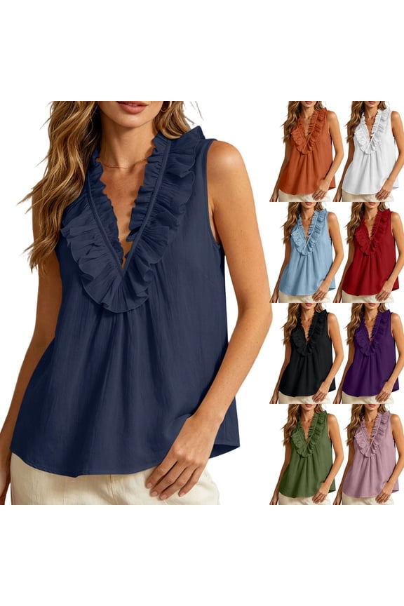 Women's Summer Solid Color Ruffled Wave Neck Sleeveless Top