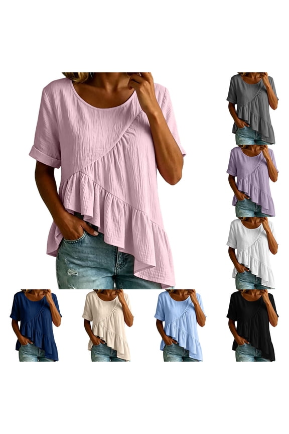 Women's Sweet Edgy Asymmetrical Ruffled Crop Casual Short Sleeve Loose Summe Top