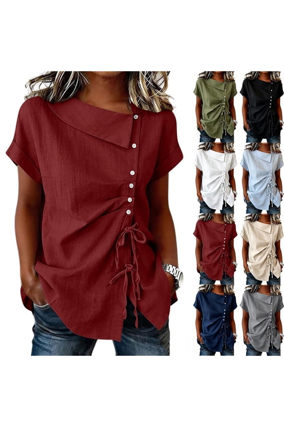 Women's Textured Imitation Linen Blouse Asymmetrical Collar Button Detail Short Sleeve Ruched Drawstring Waist Loose Casual Top