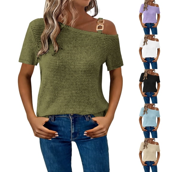 Favoffer Women’s Textured V-Neck Blouse Short Sleeve Button Front Casual Linen Tops Solid Color Loose Fit Lightweight Breathable Summer Shirts