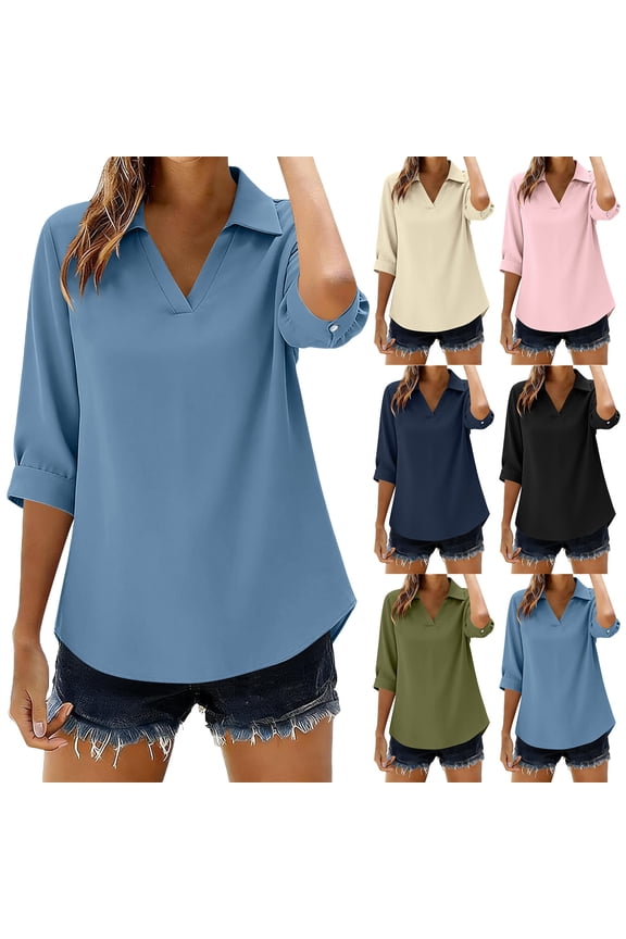 Women's V Neck 3/4 Sleeve Work Shirts Business Casual Tops Wrinkle Resistant Blouses for Office Meetings Travel Daily