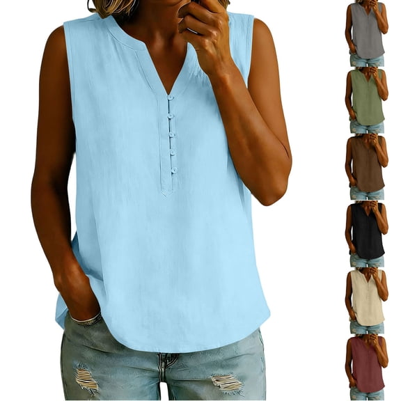 Favoffer Women's V Neck Sleeveless Linen Top Half Button Casual Loose Fit Lightweight Breathable Solid Color Summer Basic Blouse