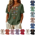 thumbnail image 1 of Favoffer Women's Washed Crinkle Linen Blend Shirt Boho Embroidered Tunic Short Sleeve V Neck Loose Fit Peasant Top Elegant Daily Summer Beach Holiday Blouse, 1 of 6