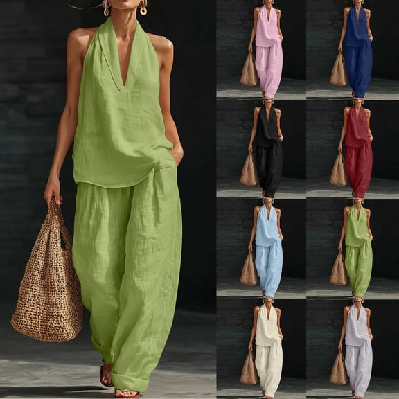Favoffer Womens 2 Piece Outfits Sleeveless Solid Color Top Elastic Waist Pocketed Pants Casual Matching Sets for Daily Outdoor Travel Lounge Weekend