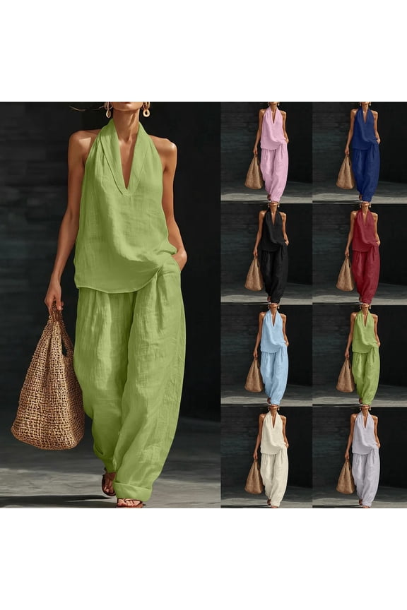 Womens 2 Piece Outfits Sleeveless Solid Color Top Elastic Waist Pocketed Pants Casual Matching Sets for Daily Outdoor Travel Lounge Weekend