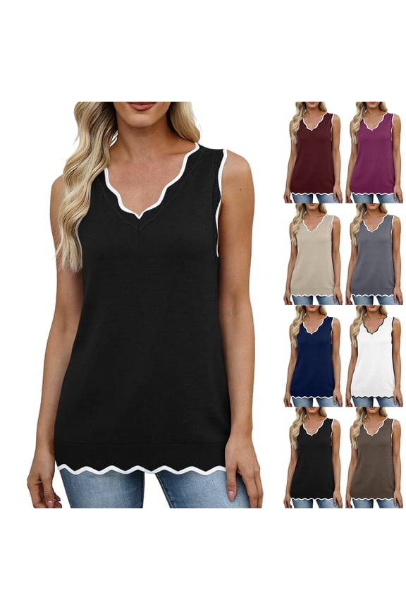 Womens Color Block Tops V Neck Sleeveless Knit Solid Color Casual Layering Sweaters Light Tops for Party Daily Outings Shopping Vacation