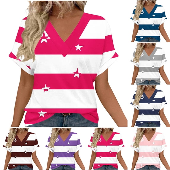 Favoffer Women Boho Tops Short Sleeve V Neck Stripe Print Dolman Sleeve Loose Casual Blouses Street Travel Gathering Relax