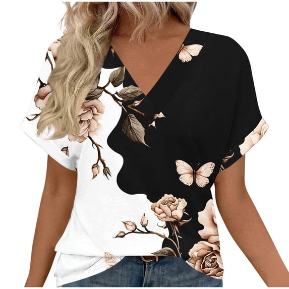 Favoffer Women Boho Tops Short Sleeve V Neck Ditsy Print Dolman Sleeve Loose Casual Blouses Daily Vacation Outdoor Shopping