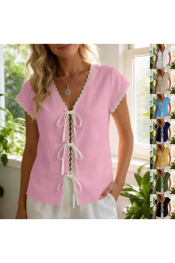 Womens Linen Blend Blouses V Neck Lace Trim Solid Color Short Sleeve Loose Fit Casual Tops Light Shirts for Dating Weekend Travel Shopping