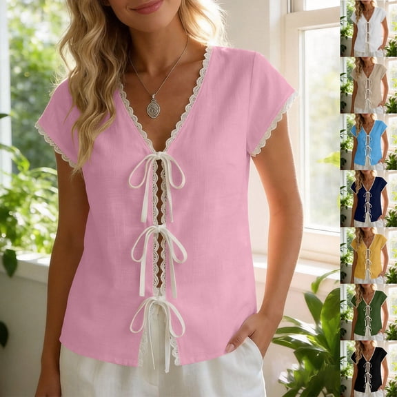 Favoffer Womens Linen Blend Blouses V Neck Lace Trim Solid Color Short Sleeve Loose Fit Casual Tops Light Shirts for Dating Weekend Travel Shopping