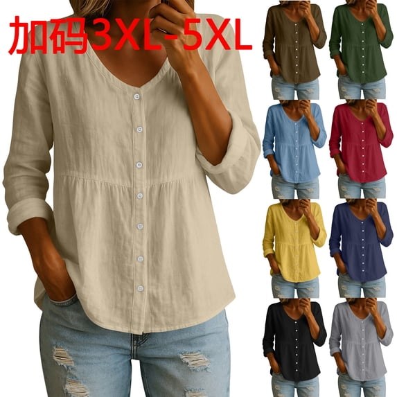 Favoffer Women's Long Sleeve Shirt Plus Size V Neck Solid Color Linen Button Front Relaxed Blouse Outdoor Breathable Casual Top