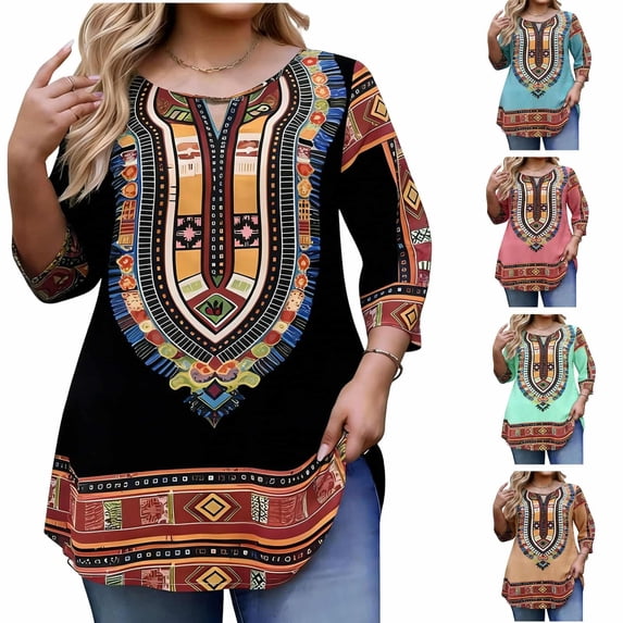 Favoffer Womens Plus Size Top V Neck Three Quarter Sleeve Printed Shirt Bohemian Pattern Loose Fit Vacation Lightweight Summer Travel