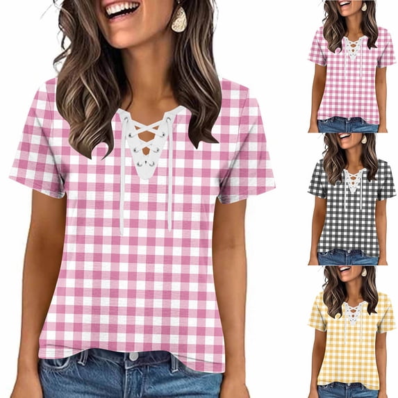 Favoffer Womens Printed Blouses V Neck Tie Front Short Sleeve Loose Fit Casual Tops Light Shirts for Holiday Dating Shopping Street