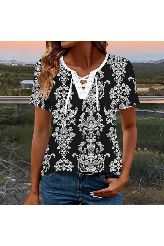 Womens Printed Blouses V Neck Tie Front Short Sleeve Loose Fit Casual Tops Soft Shirts for Holiday Street Dating Weekend